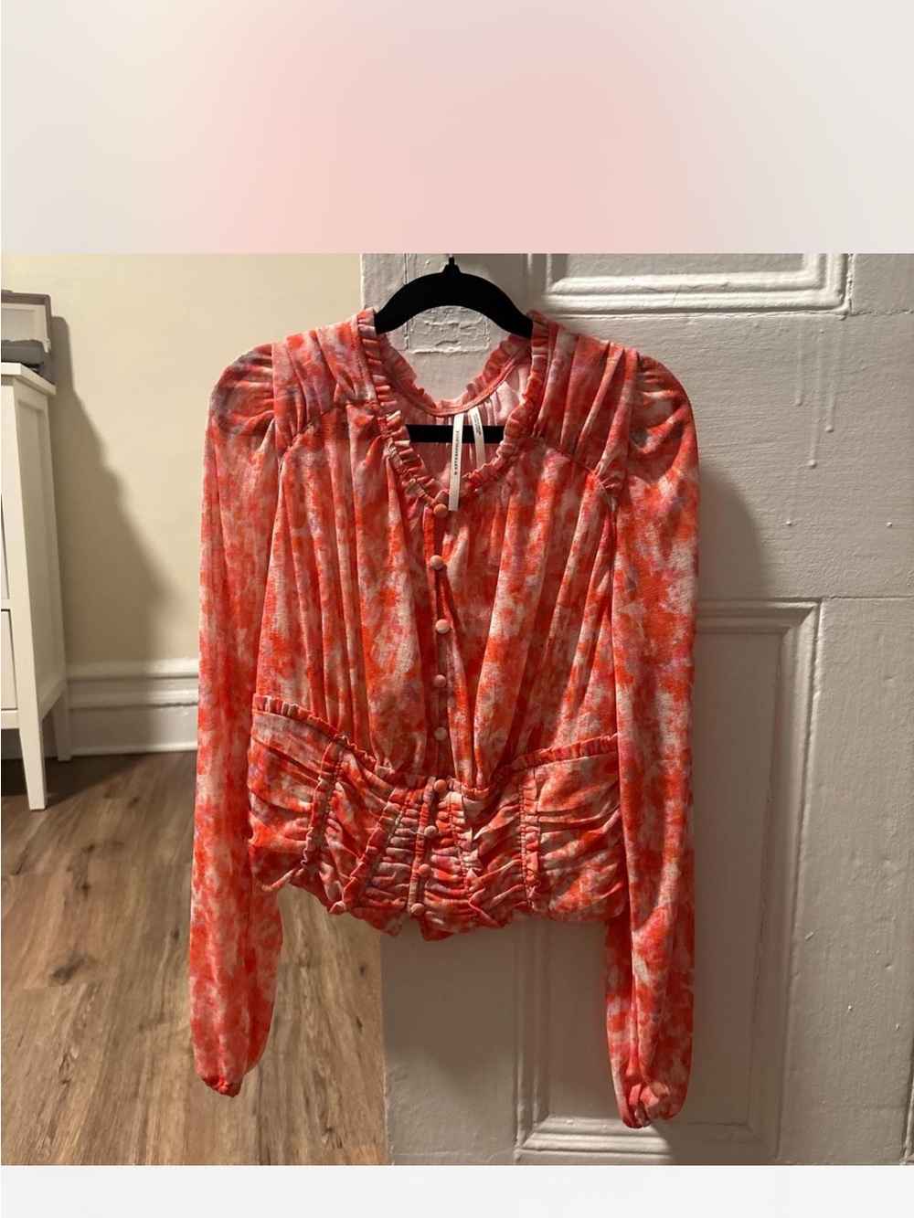 Anthropologie Coral-Orange Floral Buttoned Peplum Blouse